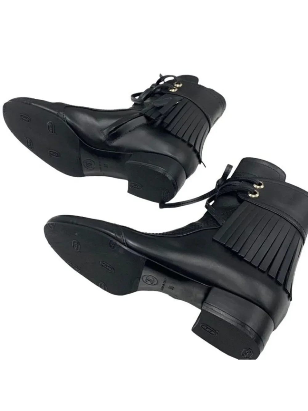 Chanel Boots Short Shoes Leather Black Coco Mark Fringe - Picture 6 of 9